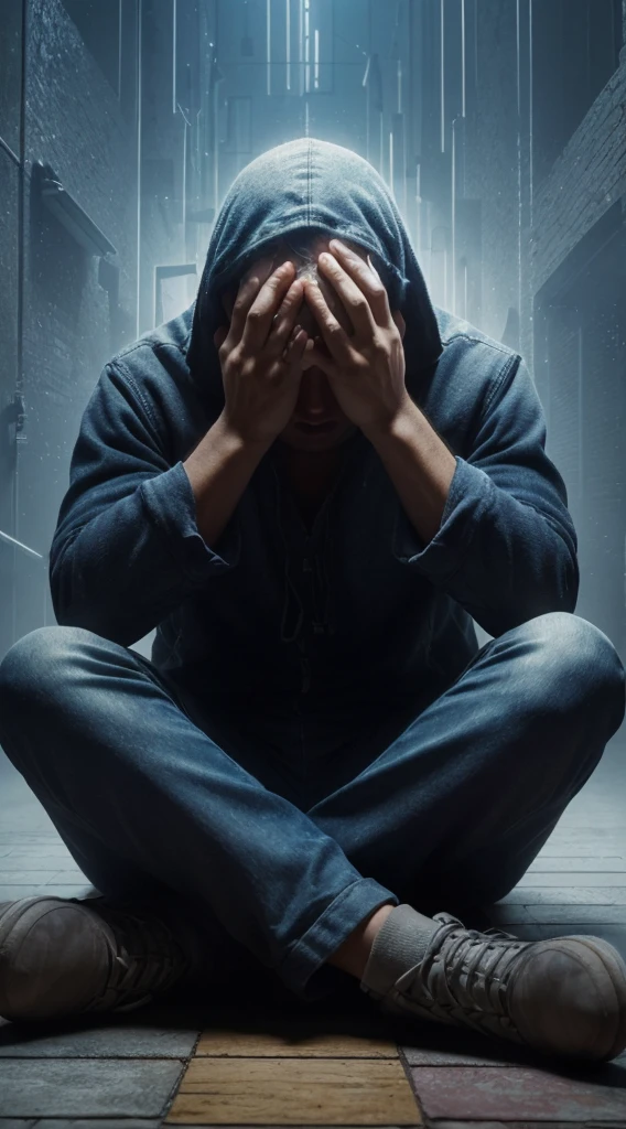 Very real image. A person feeling panic and fear.Photorealism, full view, highly detailed image, very realistic, hyperrealism, Ultra HD, 8k, 5, sharp focus, intricate and mysterious masterpiece. (Long exposure photography Artistic illustration close-up portrait very detailed: final quality, medium shot, backlight, Rich and striking. Enigmatic and mysterious manipulations (composition of the rule of thirds), ((detailed environment with strong lines) The best quality, in camera, white light, warm and clean aesthetics, dazzling screen composed of millions of brilliant ultraviolet rays, HDR.