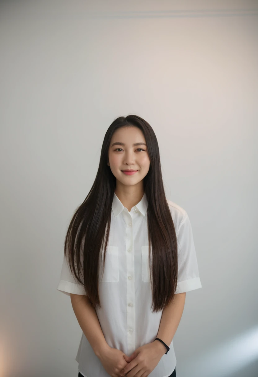 Best Quality, 8k, Masterpiece, (Portrait: 1.3), (photo realistic:1.4), (hyper realistic:1.4), Sharp Focus, looking at viewer, (smoother lighting:1.1), (increase cinematic lighting quality:0.9), realistic lighting, backlighting, light on face, ray trace, (brightening light:1.2), (Increase quality:1.4), sharp detail, (best quality real texture skin:1.4), finely detailed eyes, black_eyes, finely detailed face, 25 year old Korean woman, (white formal_shirt:1.4), (Create an image maintaining the original base model hairstyle:1.5),smiling_face