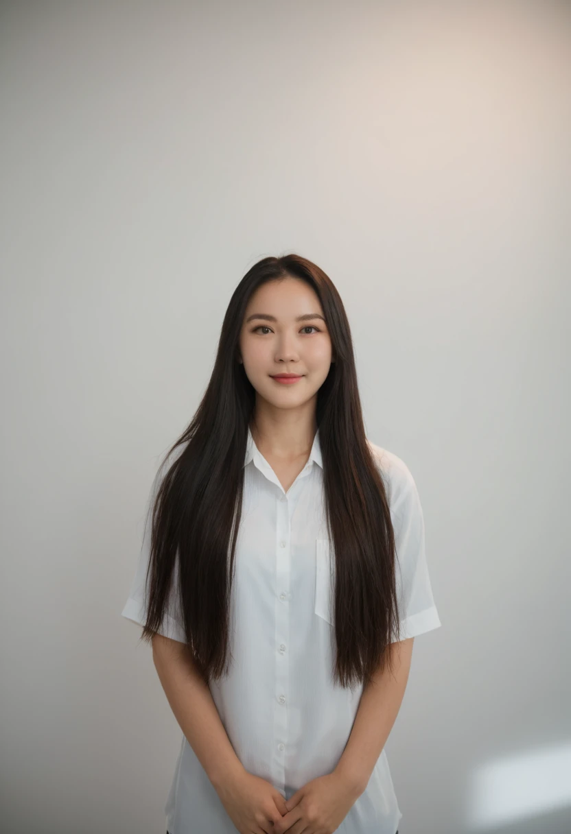 Best Quality, 8k, Masterpiece, (Portrait: 1.3), (photo realistic:1.4), (hyper realistic:1.4), Sharp Focus, looking at viewer, (smoother lighting:1.1), (increase cinematic lighting quality:0.9), realistic lighting, backlighting, light on face, ray trace, (brightening light:1.2), (Increase quality:1.4), sharp detail, (best quality real texture skin:1.4), finely detailed eyes, black_eyes, finely detailed face, 25 year old Korean woman, (white formal_shirt:1.4), (Create an image maintaining the original base model hairstyle:1.5),smiling_face