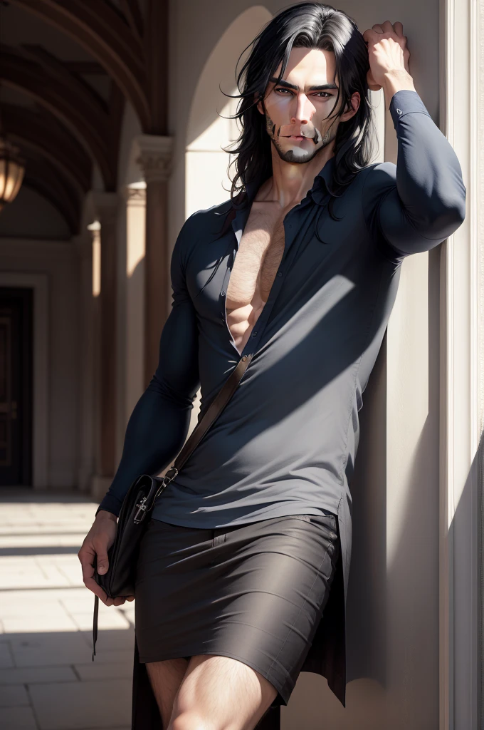 masterpiece, Best quality:1.4), Personal portrait, Handsome, European, Blue eyes, black hair, long black hair, pale skin, casual wear, serious eyes,
