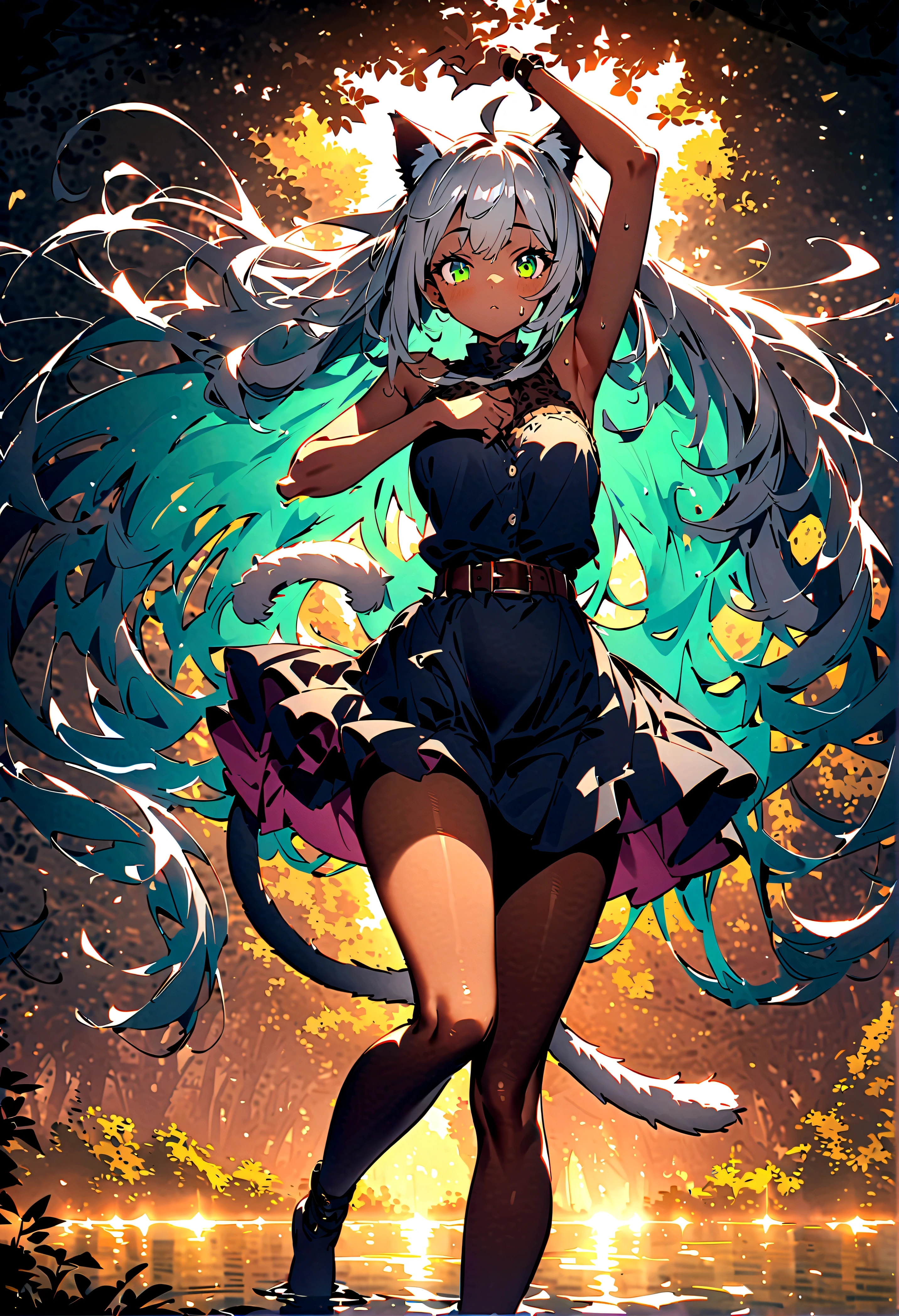 score_9、score_8_up、score_7_up、score_6_up、One Girl、Dark Skinの女性、(Dark Skin、非常にDark Skin)、Very long hair、Multicolored Hair、Grey Hair、Green Eyes、Animal ears、Braid、French Braid、Ahoge、Cat's Tail、Belt Color、dress、skirt、Shoulder Bare、skirt、Long sleeve、Sleeveless、Gauntlet、Black Pantyhose、Mr.々A pose、Underarm、Underarmにフォーカスしている、Underarmのクローズ アップ、Armpit、Armpit wrinkles、SweatをかいたUnderarm、Sweat、Forest Background、Girl in the lake、