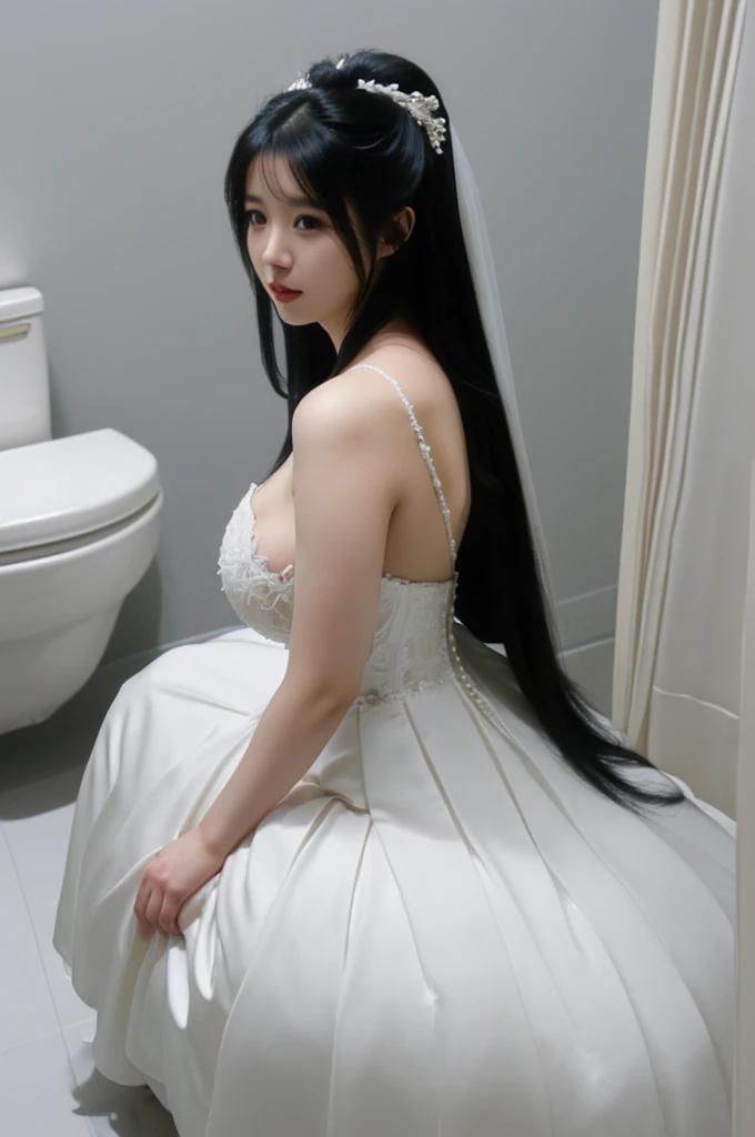 bride、voluminous wedding dress、Super fat、Big Breasts、Big Ass、Super long straight black hair、Small private room、Sitting on the toilet