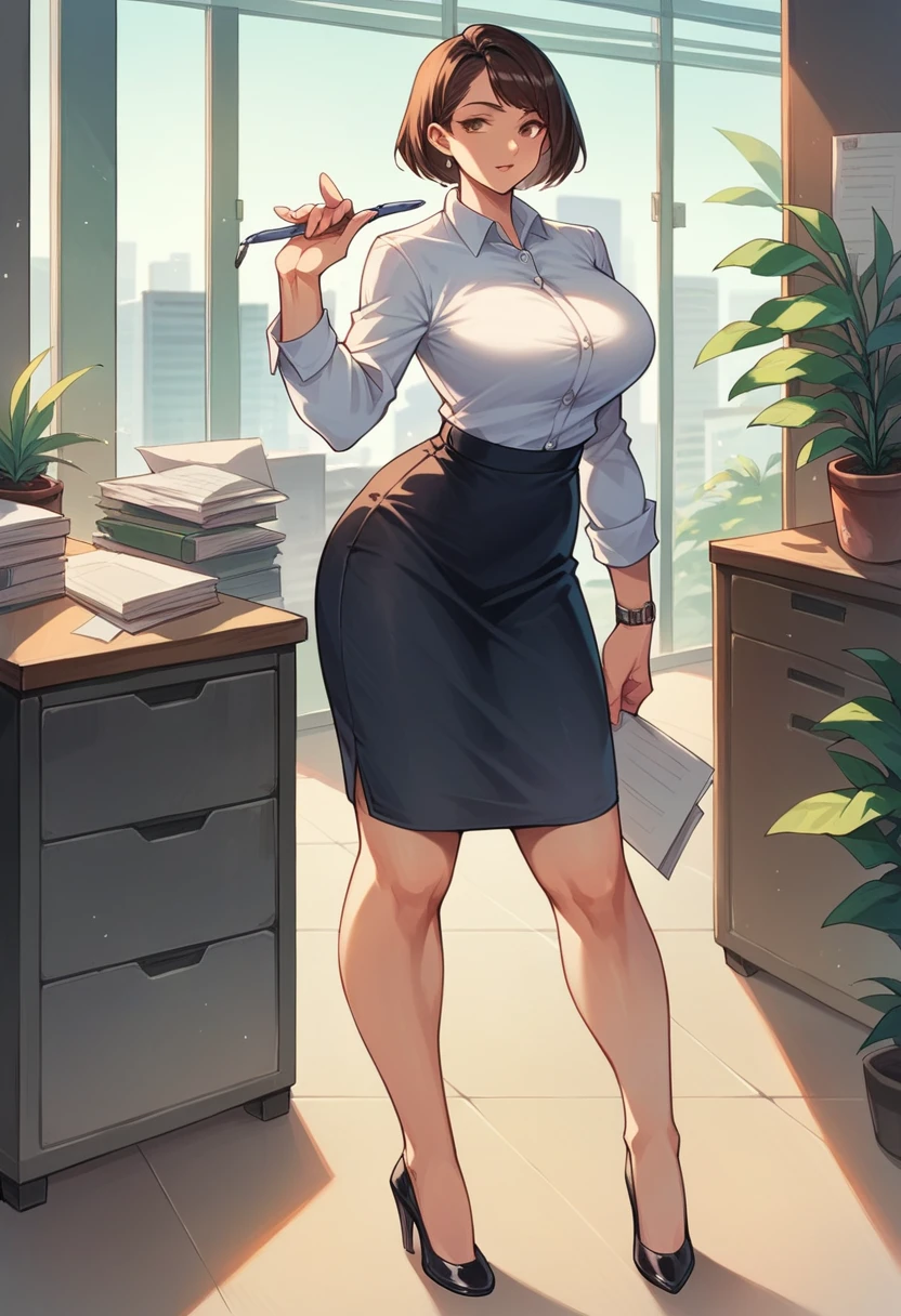 ol professional woman，shirt，Professional hip wrapped skirt，25 years old，Short Brown Bob,Large Breasts,拿着document,Exciting appearance，whole body，office，Modern city buildings，High heel，document，，High-quality illustrations，8K