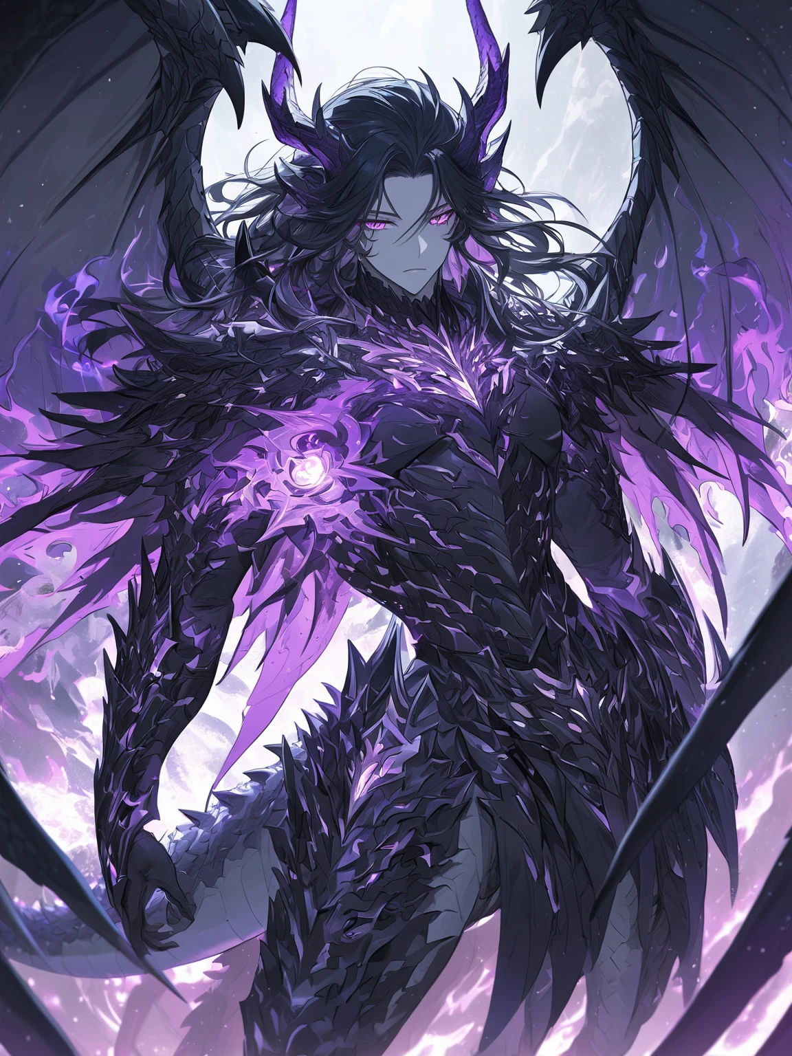 Masterpiece, Very detailed, ultra detailed, one, (1 man), man with a V-shaped body, Gray skin colour, dragon horns, two large dragon wings, full detailed dark obsidian armor with light purple details that seemed like a purple fire. Long black hair combed back, and reptile eyes that shine crimson-purple. In the style of manhwa "Omniscient Reader's Viewpoint"