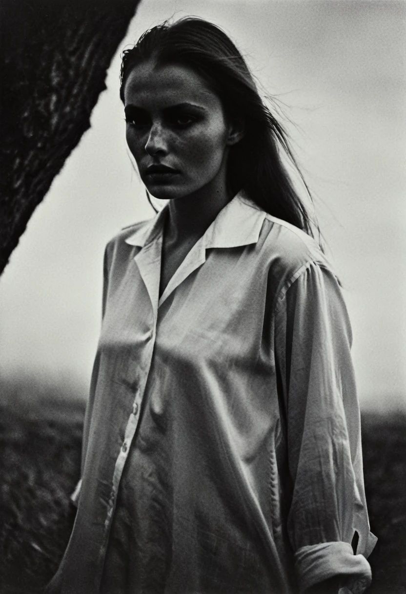 (dark mood masterpiece Photography by Mario Giacomelli:1.2), evil slavic woman, pale skin, long dark blond hair, Stunning b&w 35mm full body photo of a beautiful, perfecteyes, dark circles under eyes, highly detailed skin, (lightest freckles:0.9), standing in a casual pose with her hands on her nipples. wearing (wide-open:1.34) white_silk_shirt. unbuttoned shirt. (nipslip:1.4). a loose-fitting oversized men's unbuttoned shirt, open white business shirt. intricate poses by ruth bernhard. (Photography and style by ruth bernhard). 35mm, Hasselblad. capturing fashion-forward visuals, creating visual impact,evoking emotion,pushing creative boundaries. golden hour, shot from the side, playful pose, god rays,artistic photoshoot