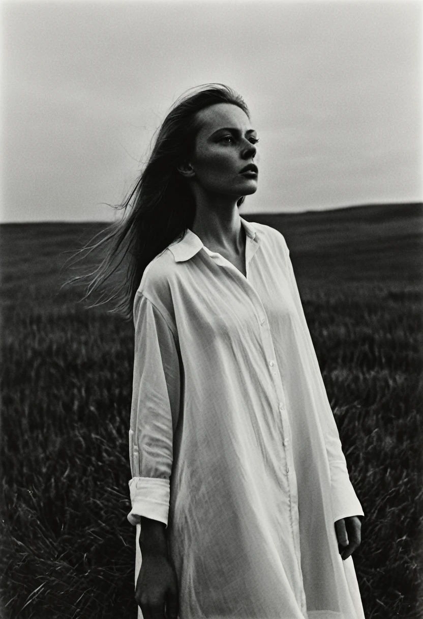 (dark mood masterpiece Photography by Mario Giacomelli:1.2), evil slavic woman, pale skin, long dark blond hair, Stunning b&w 35mm full body photo of a beautiful, perfecteyes, dark circles under eyes, highly detailed skin, (lightest freckles:0.9), standing in a casual pose with her hands on her nipples. wearing (wide-open:1.34) white_silk_shirt. unbuttoned shirt. (nipslip:1.4). a loose-fitting oversized men's unbuttoned shirt, open white business shirt. intricate poses by ruth bernhard. (Photography and style by ruth bernhard). 35mm, Hasselblad. capturing fashion-forward visuals, creating visual impact,evoking emotion,pushing creative boundaries. golden hour, shot from the side, playful pose, god rays,artistic photoshoot