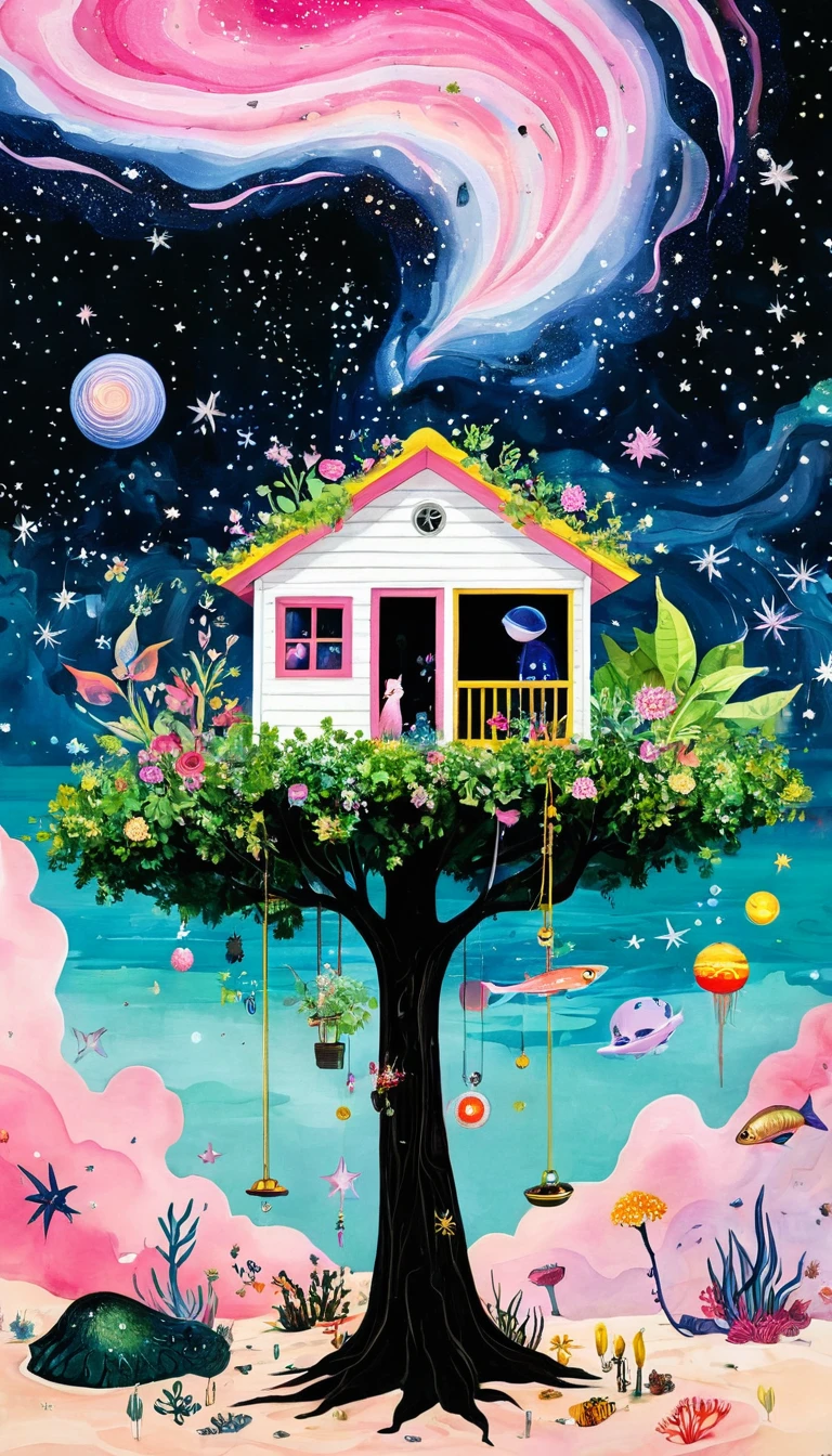 The hut on the tree，microorganism、Small animals，plant、Marine life、眼睛上长着plant、Starry Sky，Stitching together an abstract painting，Describing the inner world of autistic people，Sense of space，White Space，interesting，Innocence，Psychedelic Art，Abstract Art，Montage Art，Pink theme