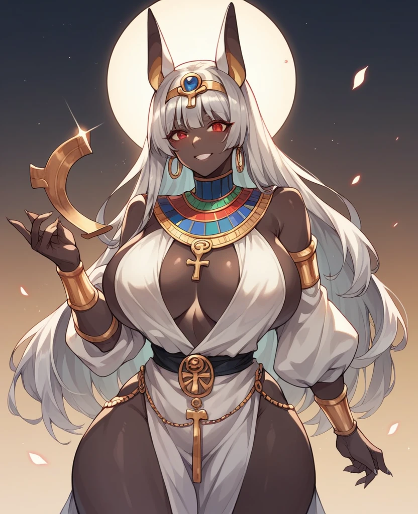 1woman,Anubis,smiling,,enormous breasts,silver hair,black skinned,great figure,fascinating,provocative clothes