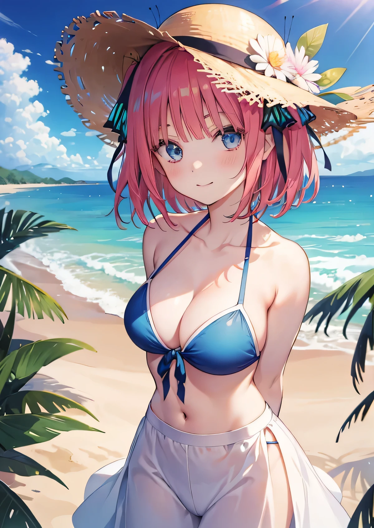 Nino Nakano is a character that appears in the anime "The Quintessential Quintuplets" 「The background is a sunny day at the sandy beach...」The eyes of this character are blue. My hairstyle is a bob cut with shockingpink color. This character is wearing a butterfly hair accessory. Please focus on this character. This character has a very lovely smile.high Quality. .. masterpiece,best quality,ultra detailed, My breast size is D cup. The background is a sunny day at the sandy beach. This character is wearing Skirt-style-bikini bikini.{ The color of this Skirt-style-bikini bikini is Blue green. } . Additionally, a glimpse of cleavage can be seen.
I am wearing a straw hat
This character has their arms behind back