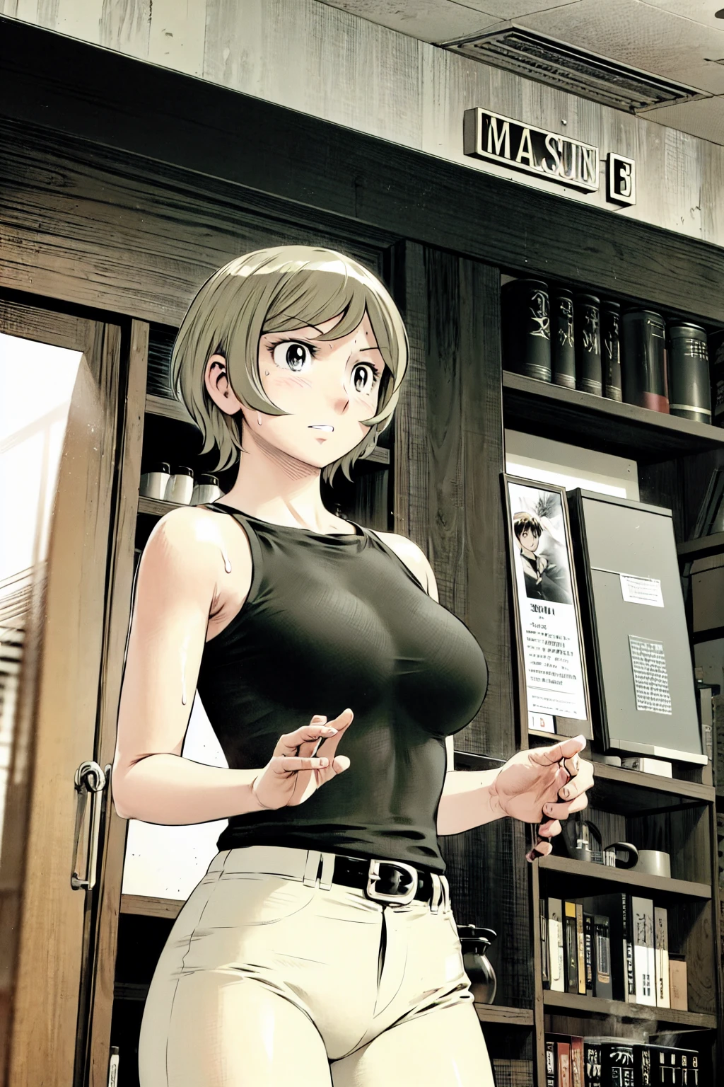 、(masterpiece、Highest quality)、Highest quality, Ultra-high resolution, (((masterpiece))), alone, Sweat、Big eyes,Tight black shirt、Tight white pants、belt、indoor、Composition from the front、(Cut the back hair short、short hair、blonde、woman)、Shortcuts、Embarrassed face、Cut your hair short、可愛いwomanの子、Big Breasts、office