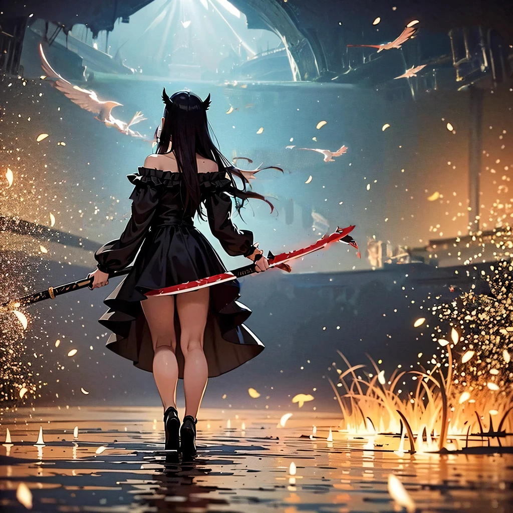1 dark angel dancing on the lake, sky, flowers and sword, splashed water, dimaond, smoke, lolita long dress, rage, bloody, 8k, hd, unreal engine, dreamy, romantic