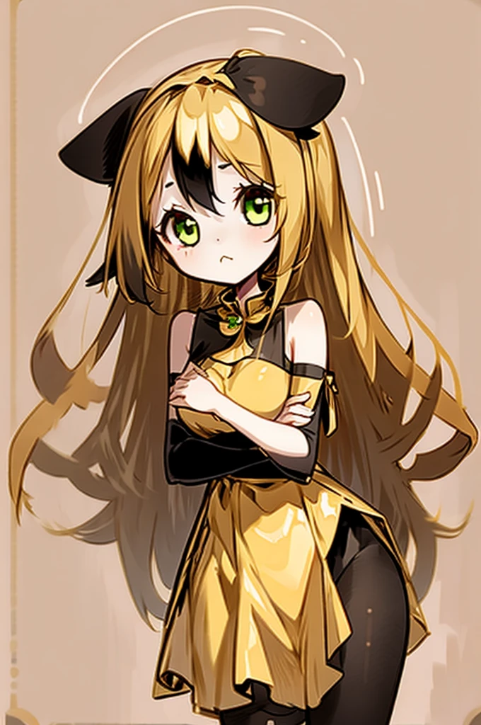 1girl with long golden hair, green eyes, floppy dog ears,emoteless face, golden dress with open shoulders. Black stockings. Chibi style, simple background, hand on chest, golden ears, full stand