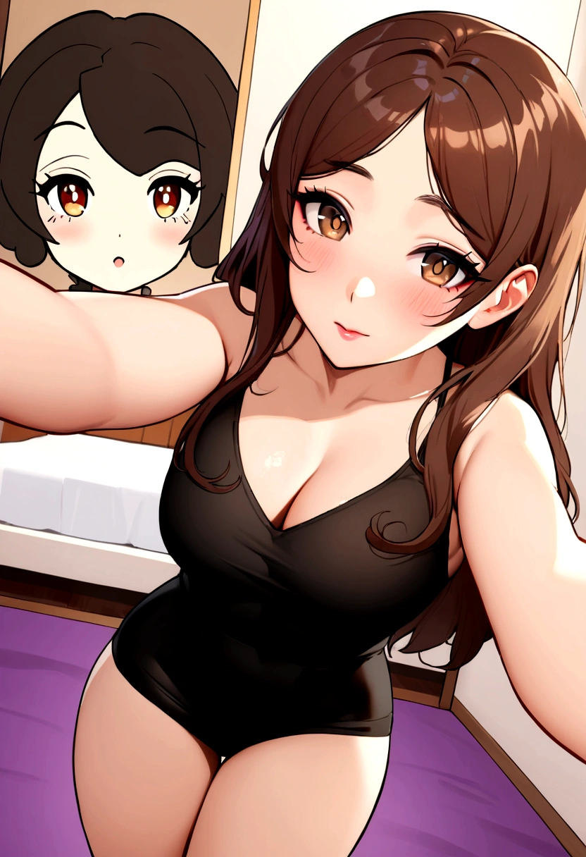 arafed woman with black clothes, sexy girl with brown eyes, portrait sophie mudd, brown hair and large eyes, selfie of a young woman, bedroom eyes, violet myers, without makeup, natural makeup, looking directly at the camera, face with artgram, subtle makeup, stunning full body shot, in bedroom, cleavage
