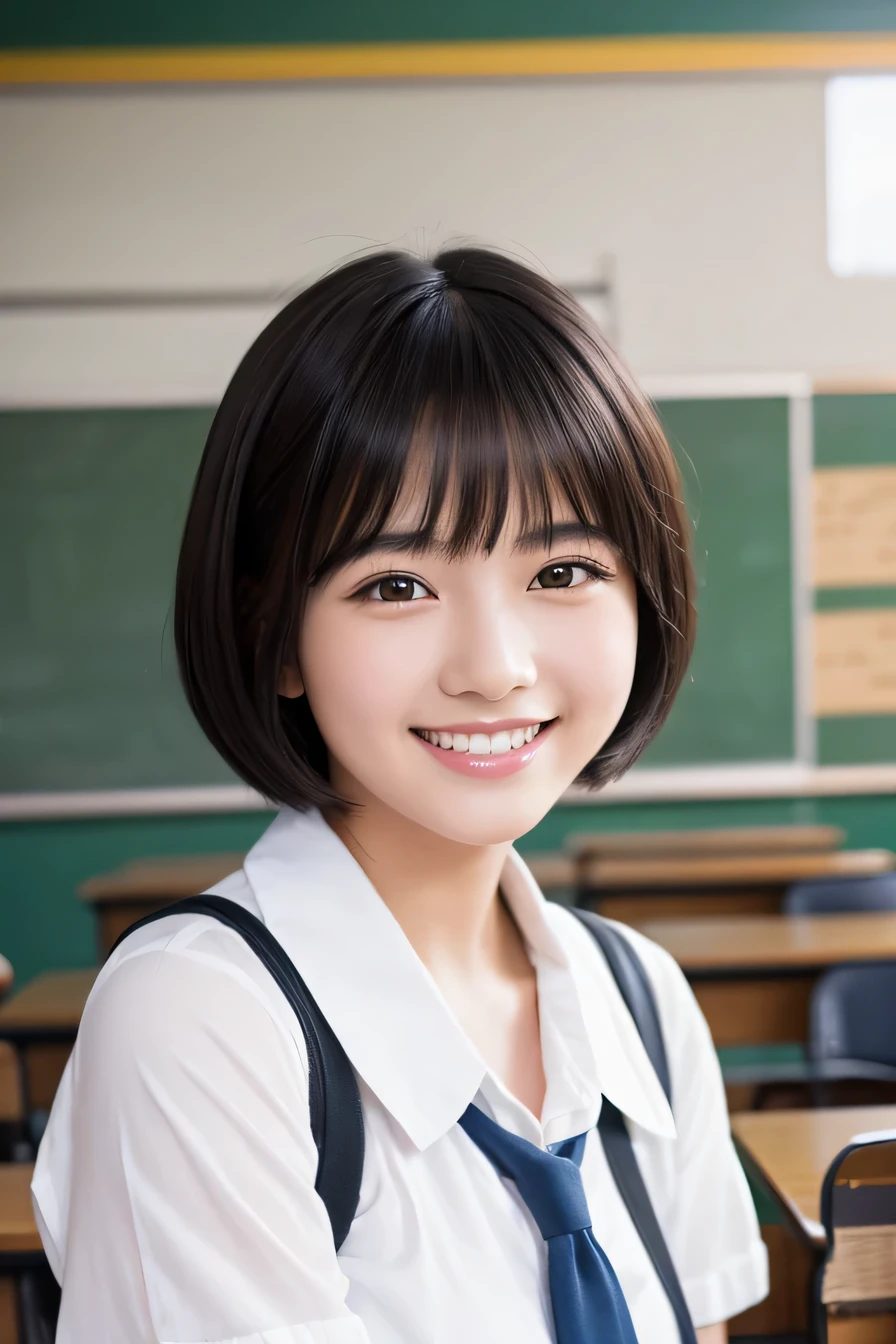Highest quality、high school girl、 Black Hair、Short Haircut、smile、Beautiful teeth alignment、、Intricate details, Very detailed:1.2), 、 Looking into the camera,The background is the classroom