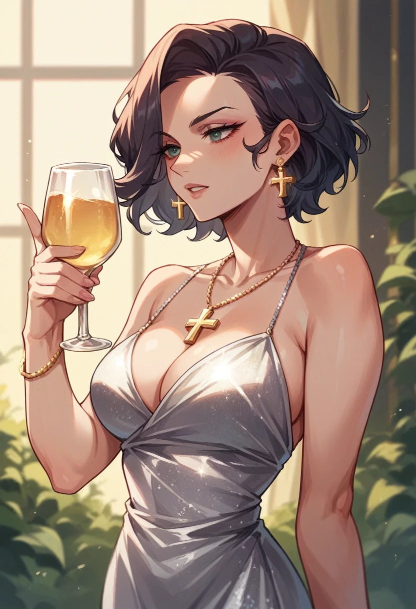 rich woman, silver dress, gold earrings, gold cross necklace, 20 years old, tall, short black hair, drinking glass in hand, at the prom party