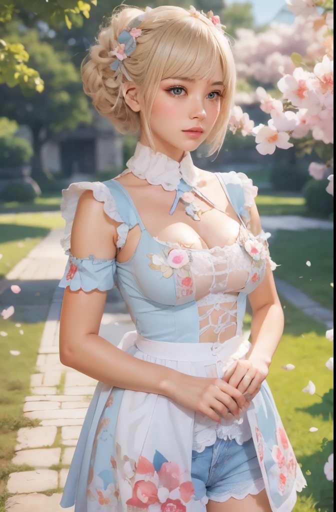 Beautiful Japan young woman, Female armor made of papyrus, Thick symmetry features, Very short hair, Background with cherry blossoms, pink halo, Red lips, Octane Rendering,