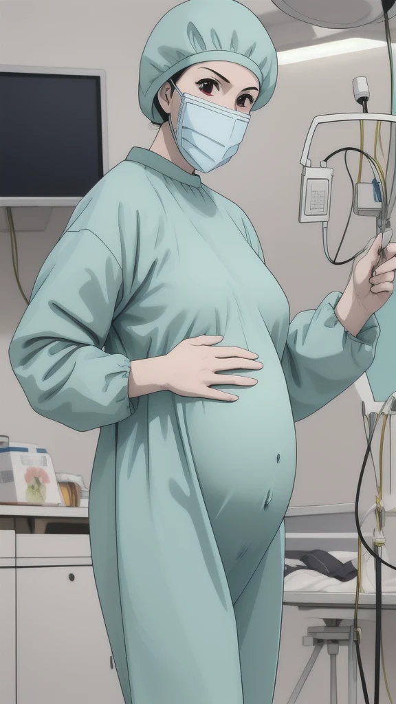 masterpiece, highest quality, source_anime, the view is turned slightly to the side, upper body, (RAW photo, best quality), 1girl, long hair, frown, pale skin, shy eyes, big breasts, big tits, pregnant, stand, natural lighting, solo, hospital, in the operating room, operating room background,
ray kasugano, pregnant with big belly, even though she's pregnant, she has a good figure, (give a score of 9_give a score of 8_give a score of 7) long sleeve Surgical dress, bouffant cap, cover the ears, surgical mask, long surgical gloves,