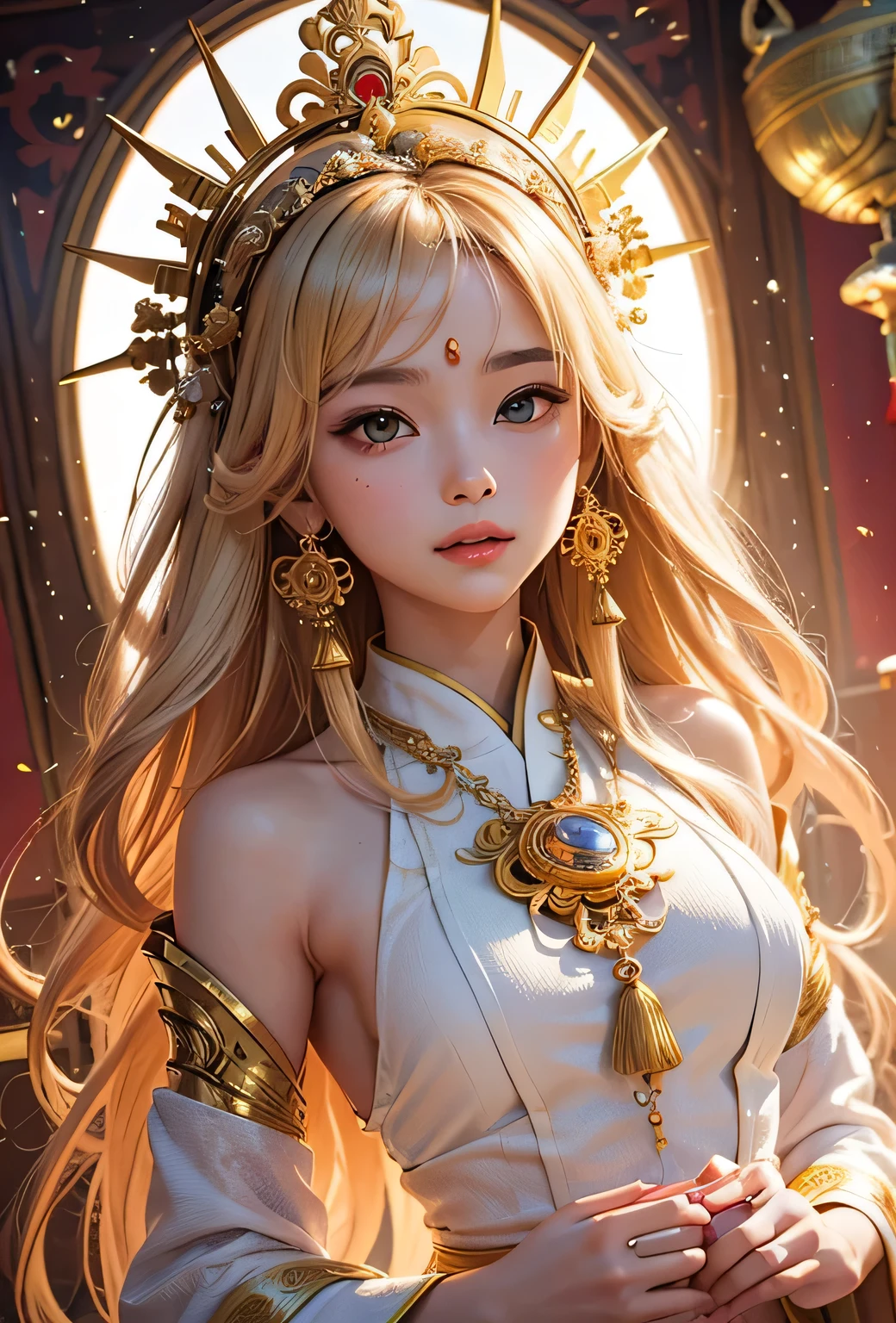 "Child of the Sun, Goddess of Love": Within a sacred sanctuary bathed in sunlight, depict the figure of a sun goddess who governs love, facing forward and emanating divine radiance. She is a , around . Zoom in to focus on her face, with a gleaming orb of light in her hands, representing the life-giving power of the sun. Her hair is shimmering gold, and she is wearing a traditional miko outfit as seen in Japanese shrines. The background should be predominantly gold, evoking a sense of divine splendor, with numerous heart-themed objects expressing the beauty of love. The setting is in heaven, enveloped in soft, bright light, where one can find tranquility and peace of mind, free from any trace of anxiety.Straight-on.