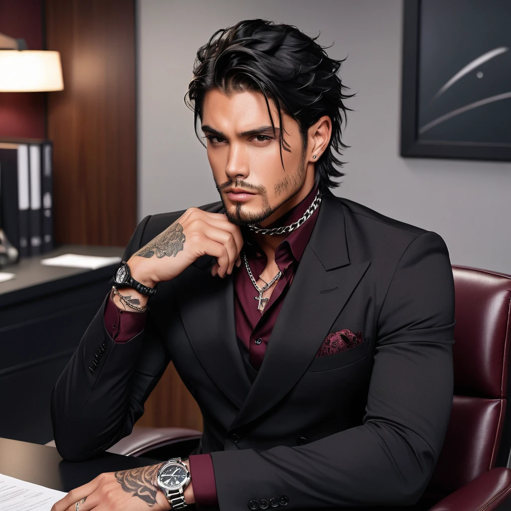A Handsome Man. He have Broad-shouldered, athletic build. He have tousled jet black hair, lightly tanned skin tone, and Onyx black eyes, with reddish tint. He have tattoos all over his body, with well-groomed stubbles on his chin. He is clad in a tailored black suit over burgundy Single-breasted dress shirt, and slacks. A silver chain necklace adorned his neck, and silver bracelet watch adorned his left wrist, sitting in his office, looking sternly in front of him.