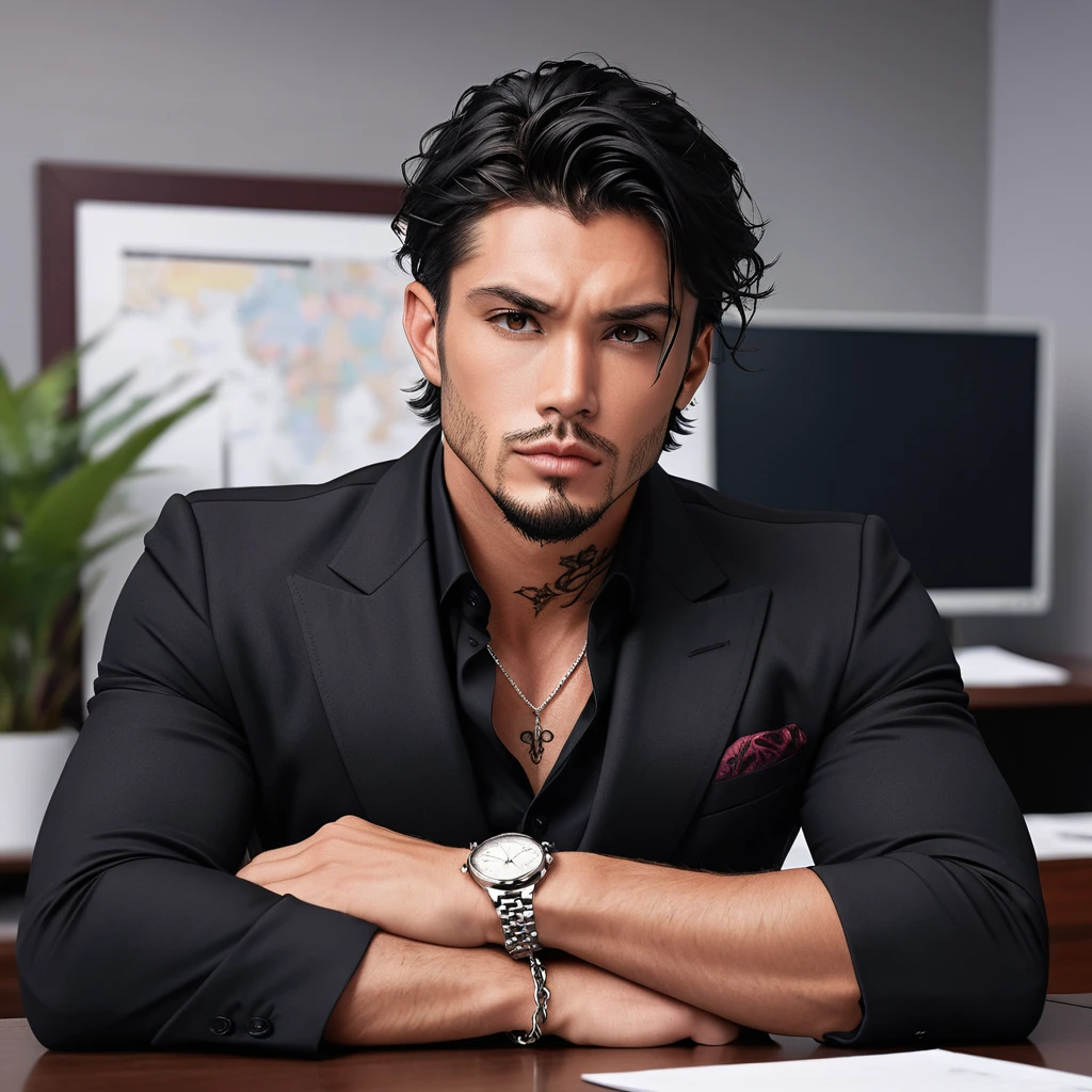 A Handsome Man. He have Broad-shouldered, athletic build. He have tousled jet black hair, lightly tanned skin tone, and Onyx black eyes, with reddish tint. He have tattoos all over his body, with well-groomed stubbles on his chin. He is clad in a tailored black suit over burgundy Single-breasted dress shirt, and slacks. A silver chain necklace adorned his neck, and silver bracelet watch adorned his left wrist, sitting in his office, looking sternly in front of him.