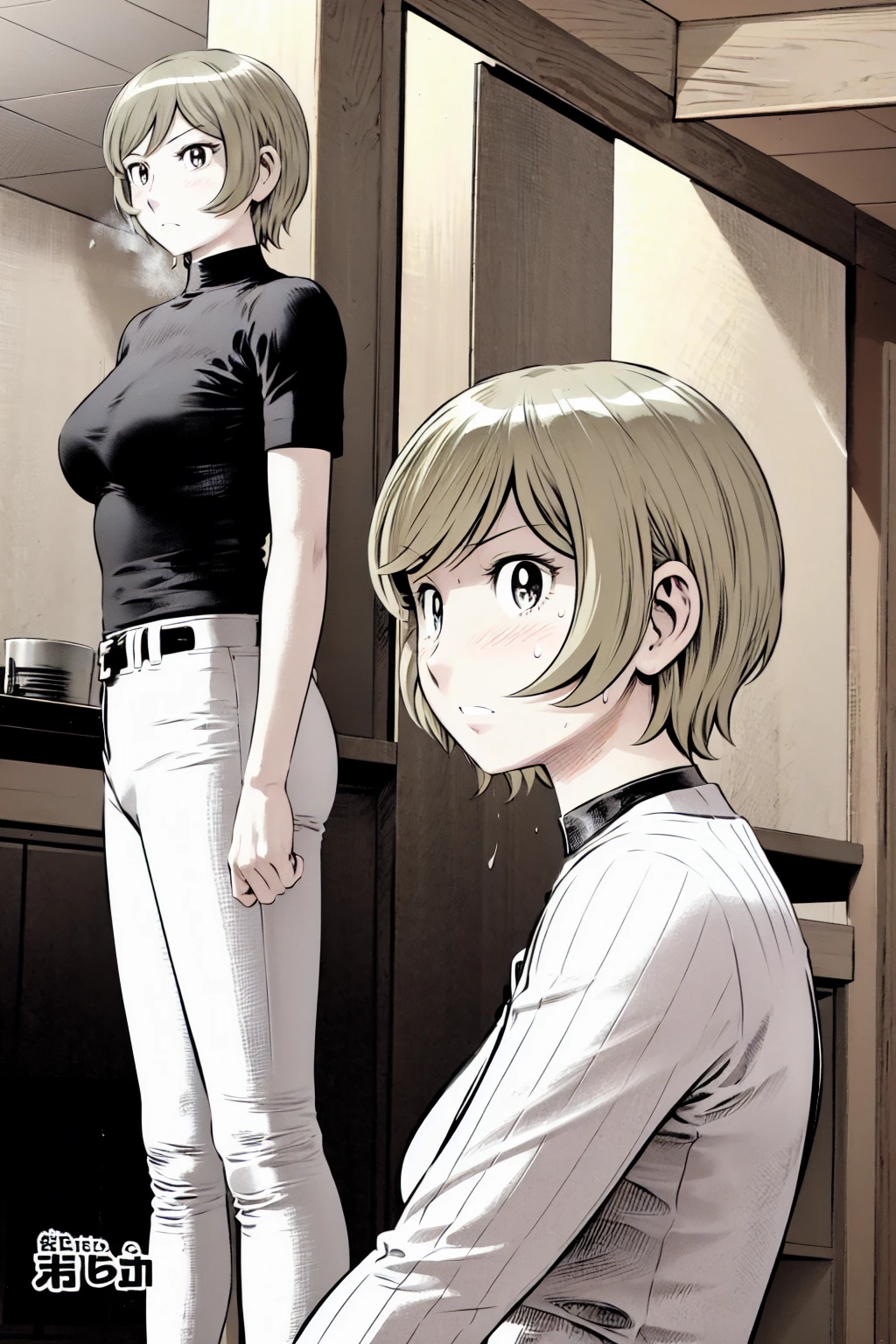 Blonde Hair, (short hair:1.2),No sleeve、Black Shirt, turtleneck,White trousers、uniform、Black belt、((Illustration of a person))、Big Breasts、
View your viewers,, (Highest quality:1.3),One Girl, White pants、uniform、blue eyes、Tight black shirt、(masterpiece、Highest quality)、Highest quality, Ultra-high resolution, (((masterpiece))), alone, Sweat、Big eyes、Big Breasts、One Girl, Front view、Embarrassed face、Bronze colored hair、((short hair))、locker room、Stretch your arms out to the side、Good posture、Stand upright、Please stand up straight、Upper body close-up