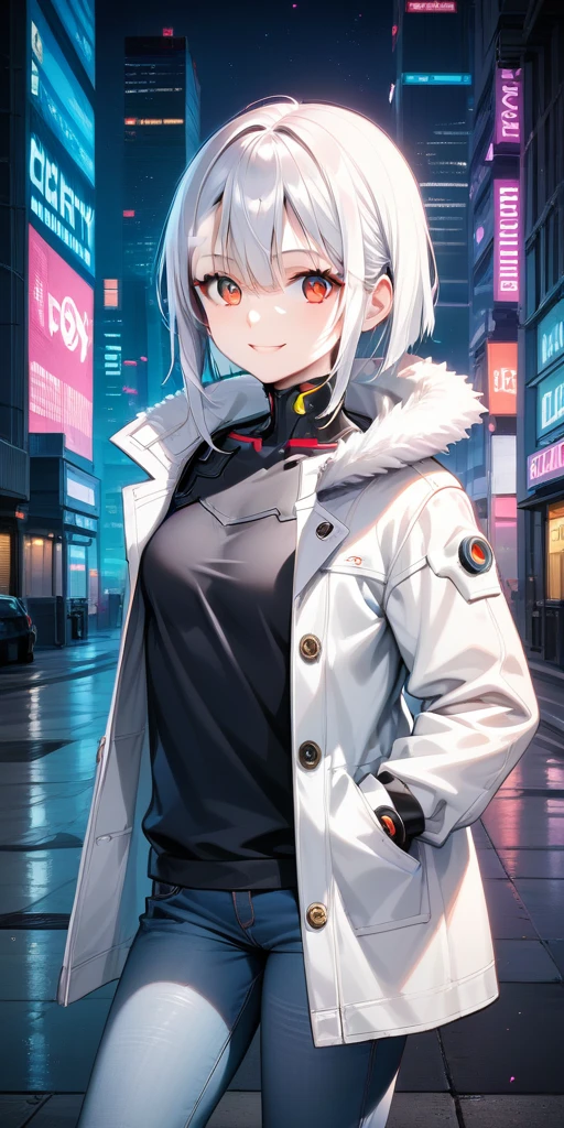 1girl, , slim, small breasts, white hair, hairs between eyes, shoulder length hair, pale skin, bright red eye:1.3, white duffle coat and long-sleeve black sweater, open jacket, jeans, gold pocket watches hanging from the neck, BREAK kawaii, smile, cowboy shot, pose, (cyberpunk night city:1.3), neon light, (light particle:1.3), BREAK smooth skin, cinematic lighting, volumetric shadow, BREAK source_anime, score_9, score_8_up, score_7_up, (masterpiece:1.2), (best quality:1.2), (very aesthetic:1.2), (absurdres:1.2), (detailed background), newest, (intricate:1.2), ai-generated, BREAK