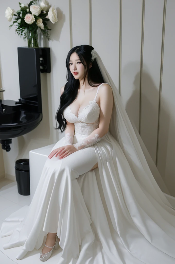 bride、Wearing a wedding dress、Super fat、Big Breasts、Big Ass、Super long straight black hair、Small private room、Sitting on the toilet