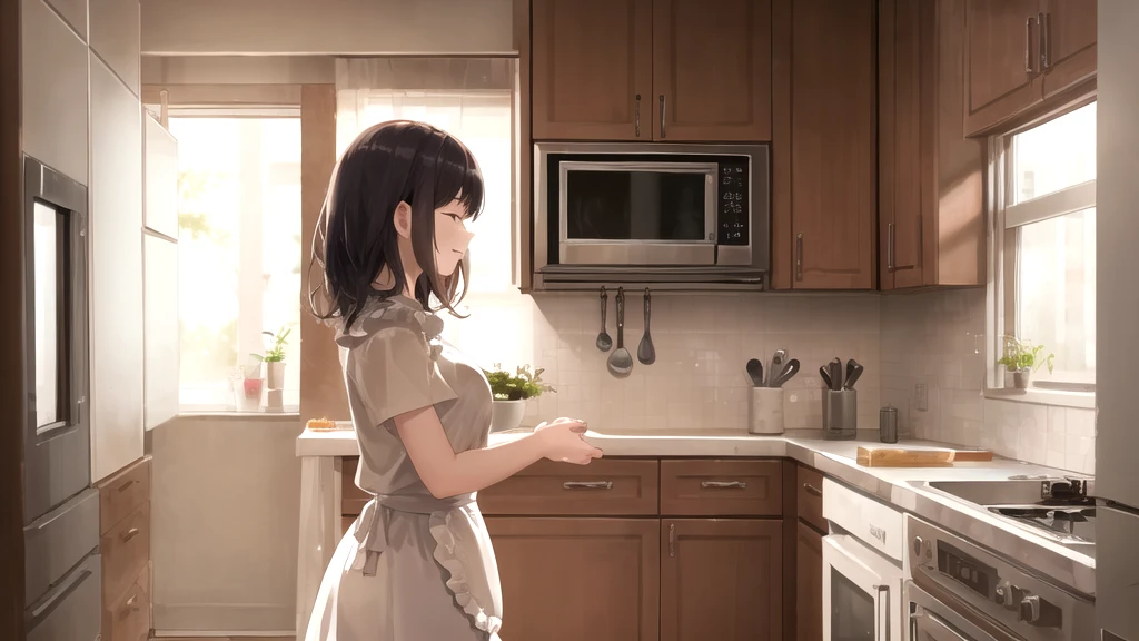 glad, best quality, calm atmosphere, medium shot, woman, in the kitchen