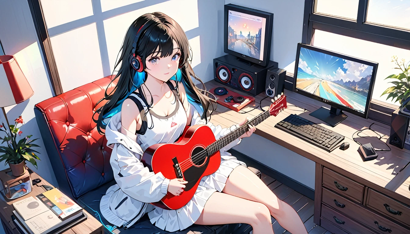 (Absurd:1.1, High resolution:1.1, 超detailed:1.1), 非常にdetailedな, 超detailed hair, (Fine grain:1.4), (Shining Eyes:1.3), thin, cute, Perfectly symmetrical face, narr○w waist, 超cute girl, 超cute face, 超cute, Super beautiful, Beautiful colors, merry (Yanmar gauge),From wlop,((Great quality)), (Beautiful legs), (Beautiful Hair), Black Hair, computer, Beautiful Style (Beautiful colors,detailed,Highest quality,Great quality,so beautiful), guitar, Headphones, Tank top, Jacket, Lighting and Shadows(perspective), Lighting particles, colorful, masterpiece, Very stylish room,