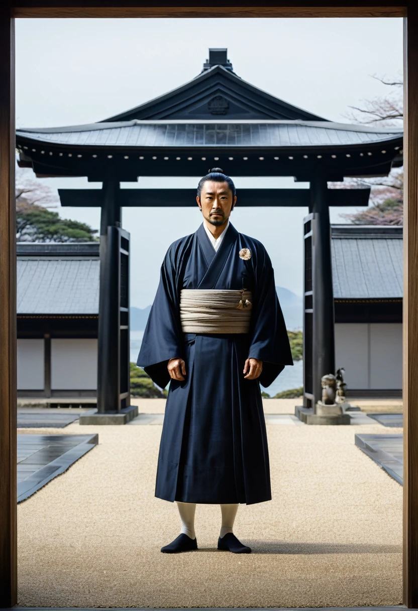 A dramatic scene set in the late Edo period of Japan. The setting includes a closed naval training school and a solemn atmosphere reflecting the loss of close ally Takechi Hanpeita. The central figure, Sakamoto Ryoma, is depicted in a moment of awakening and transformation. He is shown standing resolutely, dressed in traditional Japanese clothing, with a determined expression that signifies his evolution into the iconic figure we know today. The background includes symbolic elements such as the closed gates of the naval training school and a serene, reflective landscape that captures the gravity of the moment