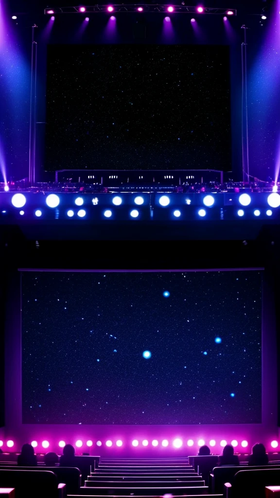 Big karaoke place with a small stage and a microphobe for singing, big screen behind the stage, a lot of space, ambient dark lights and some stroboscopes
