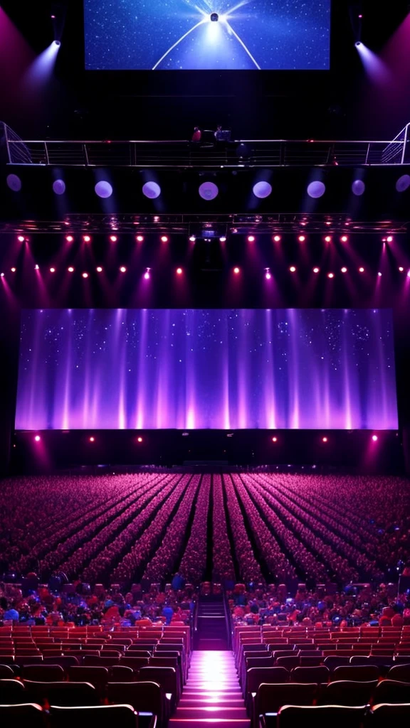 Big karaoke place with a small stage and a microphobe for singing, big screen behind the stage, a lot of space, ambient dark lights and some stroboscopes