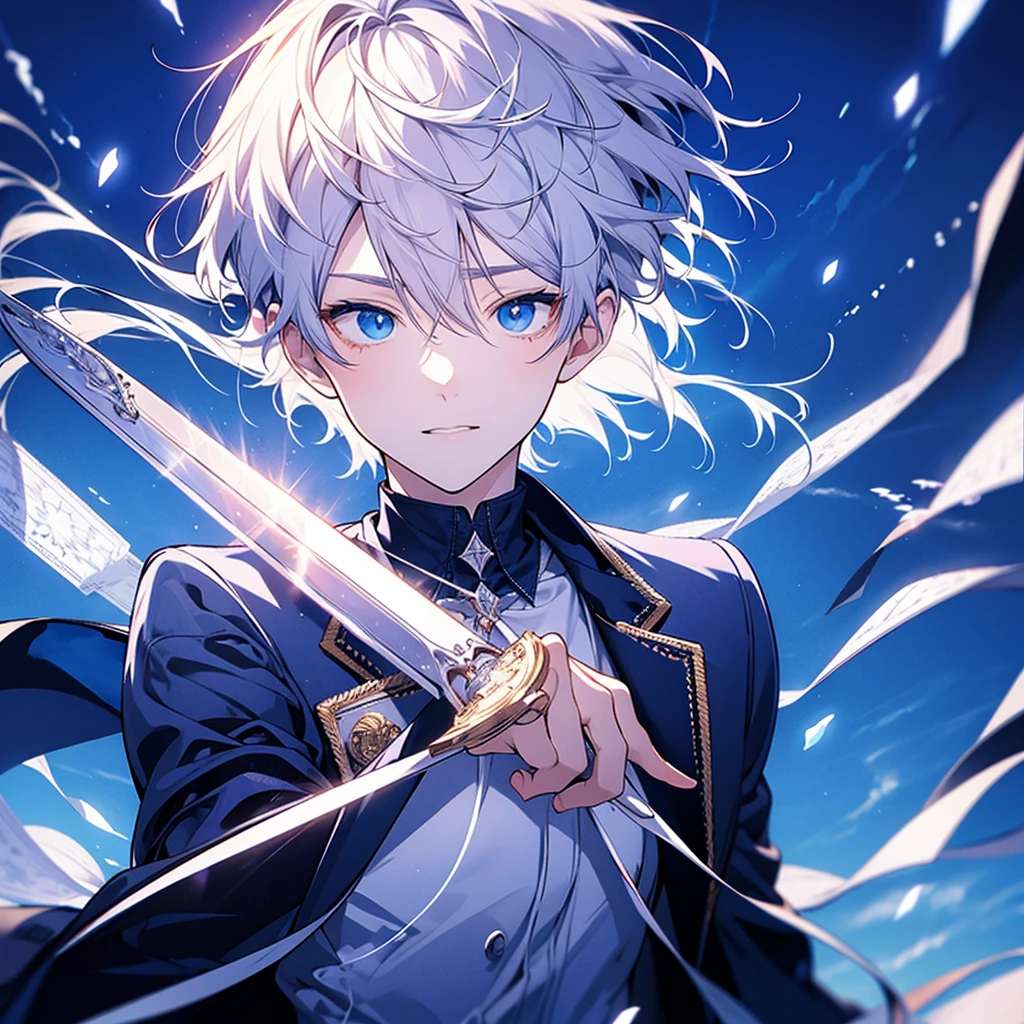 masterpiece , best quality , man , suit , White , ice , sword , anime , sky , glass , cool , king,