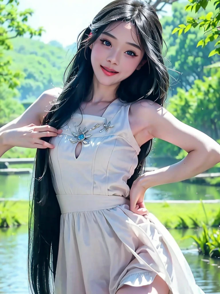 girl holding her flowing long hair, BREAK, 1girl, detailed face, (holding her hair down:1.4), very long hair, absurdly long hair, flowing long hair, black hair, shoulder, rippling water, looking at viewer, washing hair, (best_quality, masterpiece:1.2), (highly detailed), (4k, 8k, uhd, high_resolution, highres),