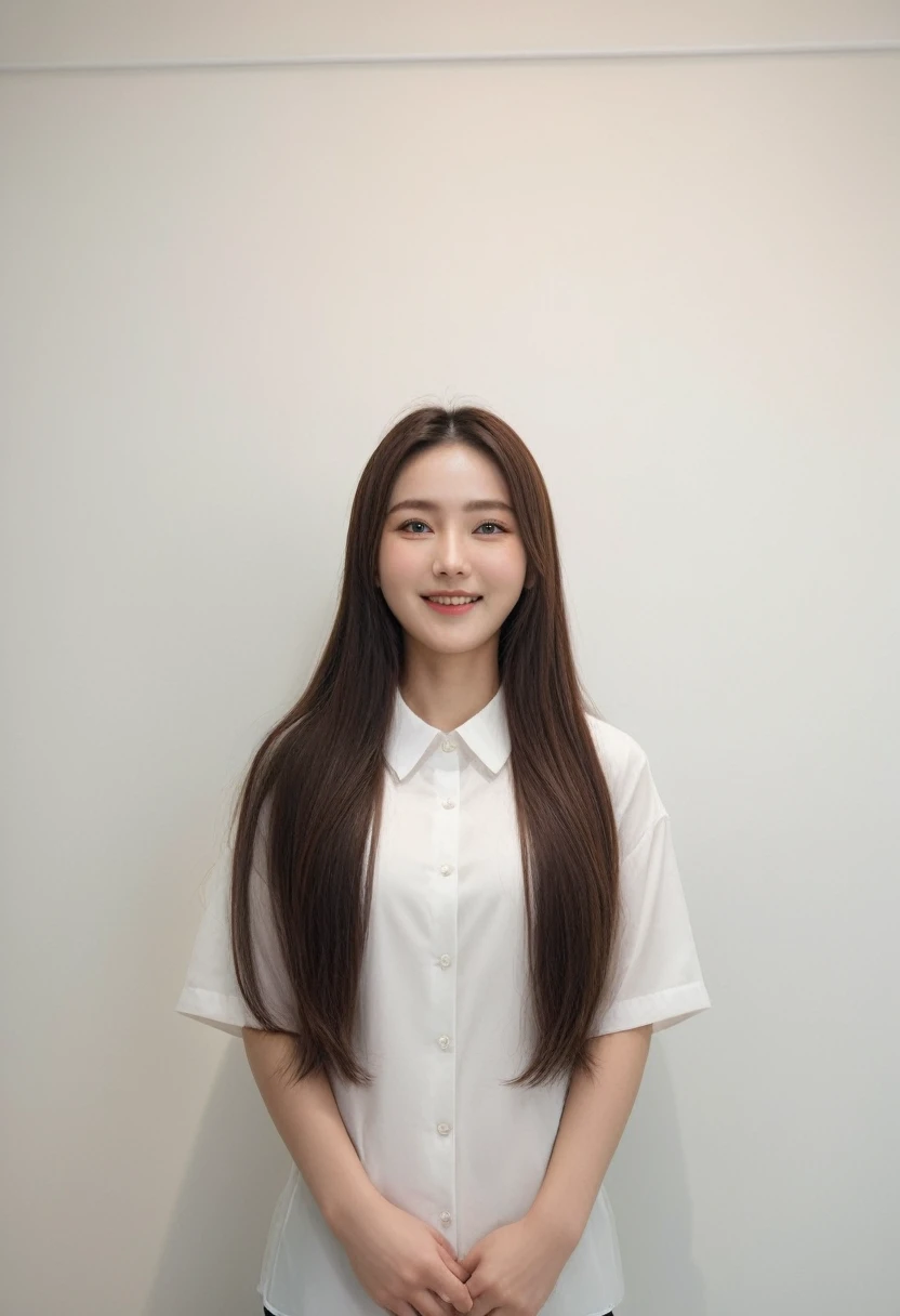 Best Quality, 8k, Masterpiece, (Portrait: 1.3), (photo realistic:1.4), (hyper realistic:1.4), Sharp Focus, looking at viewer, (smoother lighting:1.1), (increase cinematic lighting quality:0.9), realistic lighting, backlighting, light on face, ray trace, (brightening light:1.2), (Increase quality:1.4), sharp detail, (best quality real texture skin:1.4), finely detailed eyes, black_eyes, finely detailed face, 25 year old Korean woman, (white formal_shirt:1.4), (Create an image maintaining the original base model hairstyle:1.5),smiling_face