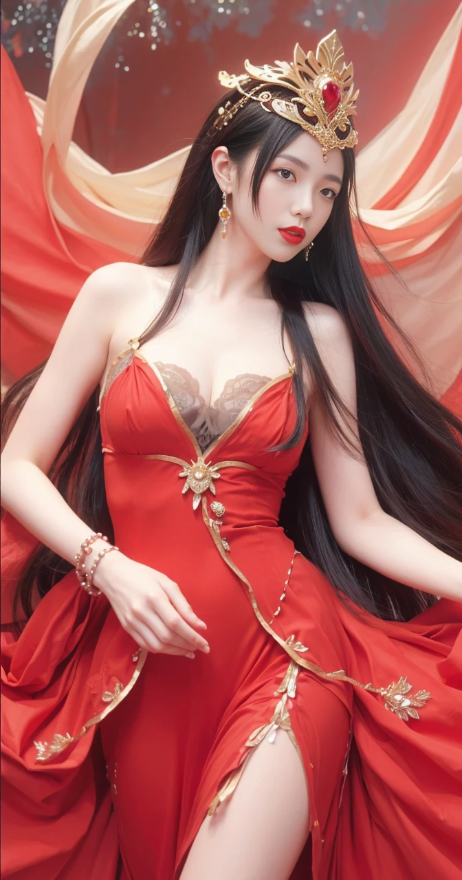 best quality, tmasterpiece,Ultra-high resolution,Clear face,（Reality：1.4），ferpect lighting，(upper body shot), (photorealistic:1.50), anime wallpaper, Guviz style artwork, cover-up fantasy up to magic , by Yang J, Guviz, beautiful artwork illustration, beautiful digital artwork, beautiful digital illustration, Li Song, beautiful anime portrait, art style in Beauvot, Lips wear thick red lipstick