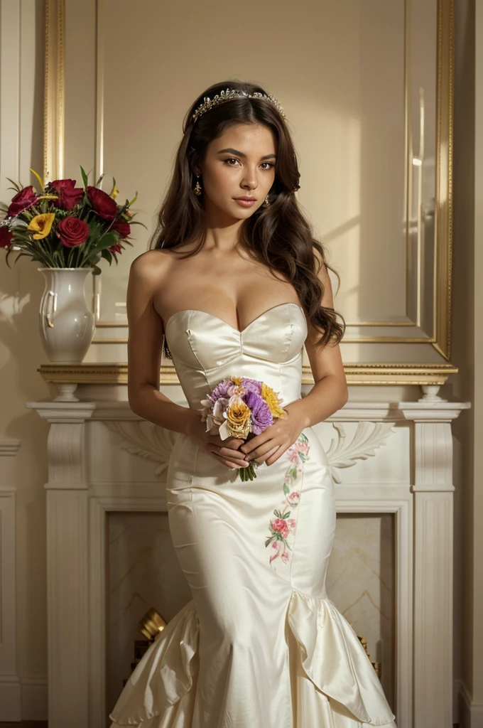 Her gaze is mysterious and piercing, and the corners of her lips are slightly raised in a hint of a smile, adding a touch of mystery and charm to the image. The aristocrat's hair is neatly arranged in a complex hairstyle, decorated with exquisite feathers or pearl hairpins, emphasizing her status and taste. She is wearing a dress that perfectly combines the fashion trends of that time: the dress fits her figure, emphasizing her grace, and the fabric shimmers in the light, creating the effect of a play of light and shadow on her silhouette. The aristocratic pose conveys confidence and casual elegance. She leans lightly on the marble fireplace, next to which stands a (((vase with a lush bouquet of exotic flowers))), adding bright colors to the composition. Her free hand casually holds a fan, which serves not only as an accessory, but also as an additional element that draws attention to her elegant manner. The background behind the aristocrat is blurred, in the style characteristic of Boldini, creating the illusion of movement and liveliness, which gives the portrait a special atmosphere of ephemerality and at the same time eternity of the moment. The lighting in the painting gently emphasizes the beauty and sophistication of the model, creating complex play of light and shadow on her face and dress, which makes the image lively and emotionally rich(((full body shot)))