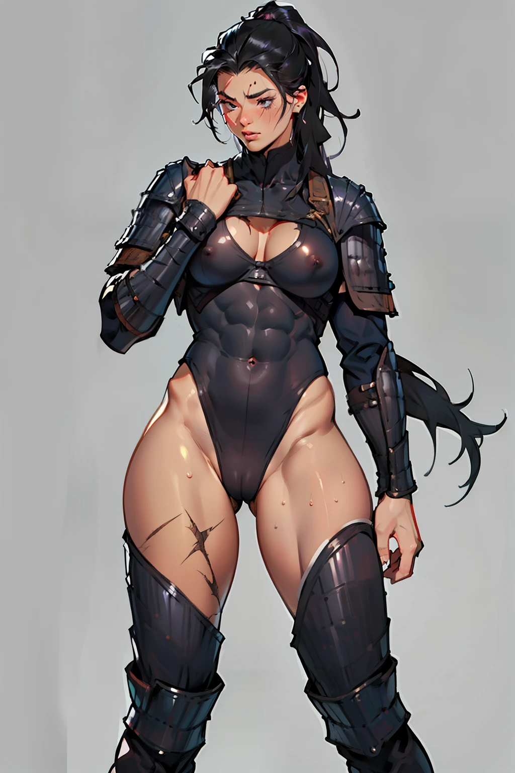 (high resolution, pixel perfect, gorgeous illustrations), (hyper quality, muste piece, etheric: 1.4), (((cowboy shot))), ((1girl)), (female savage), woman, bitch, (((stand,open legs))), cool atmosphere, black hair, (((((very long hair, slicked_back_hair))))), Exquisite face, ((aroused, vulgarity)), blush, (((((((muscular_female))))))), (thick thighs, wide hips, Big breasts that are about to burst), fighter, (((wh_chi_armor))), black bodysuit, erect nipples, (((((cameltoe))))), high heel boots, (((scars on body))), shiny skin, gleaming skin, sweat, simple background,