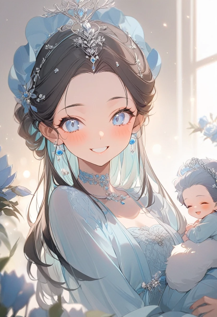 ( best quality:1.2), 1 Girl, forehead,Solitary, Skin details, Beautiful facial features, ((fluffy dark hair, E))ye details, he is 20 years old,wearing a beautiful dress,upper body, choker,head dress,luxury room,.(big smiling).((-blue  theme))),kindness,soft focus,white soft lighting