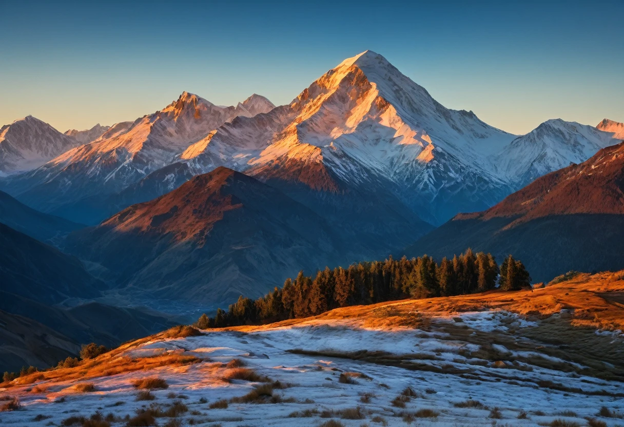 Snow Mountain，morning glow，Glow，Big scene，Landscape photography works，RAW，uhd，8K，Detailed Details，Best quality，Perfect color matching，Sense of atmosphere，Masterpieces shot by international photography masters，National Geographic Photography Award Winners