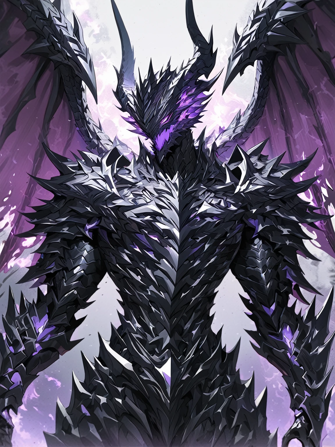 Masterpiece, Very detailed, ultra detailed, one, (1 man), man with a V-shaped body, Gray skin colour, dragon horns, two large dragon wings, full detailed dark obsidian armor with light purple details that seemed like a purple fire. Long black hair combed back, and reptile eyes that shine crimson-purple. In the style of manhwa "Omniscient Reader's Viewpoint"