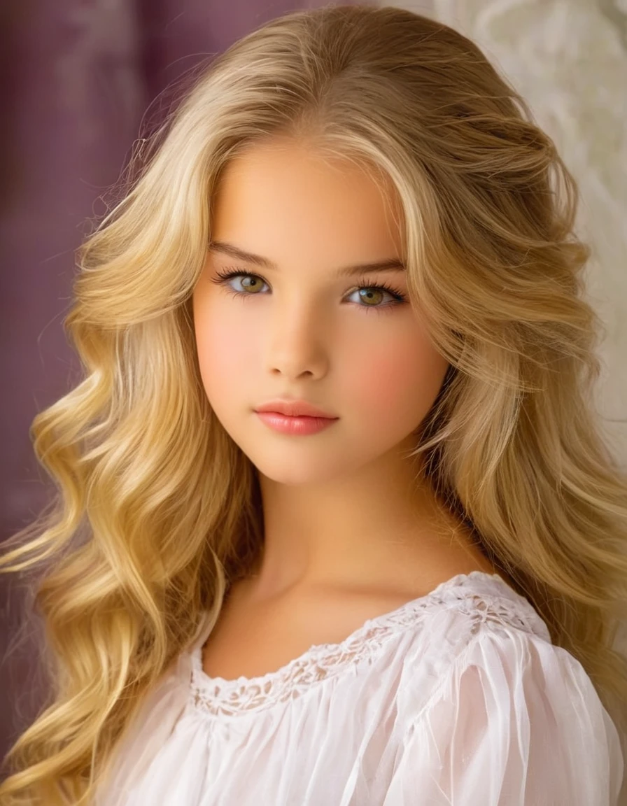 ung American girl 12 yautifull, Alone,  your voice is clear, long blonde hair, long and blond hair,with a subtle rosy glow on her cheeks, and carries himself with an air of elegance and poise. His eyebrows are arched and well groomed.., and her eyelashes are long and dark, highlighting her captivating brown eyes. Despite his elegant demeanor, there is an underlying force in his gaze.