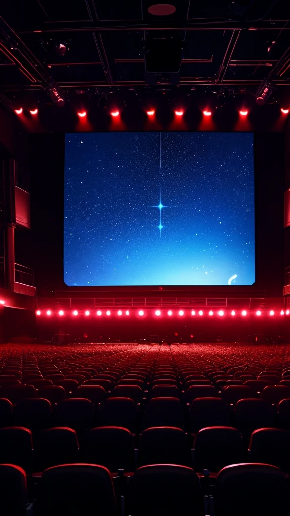 Big karaoke place with a small stage and a microphobe for singing, big screen behind the stage, a lot of space, ambient dark lights and some stroboscopes, crowded space, karaoke club in the night