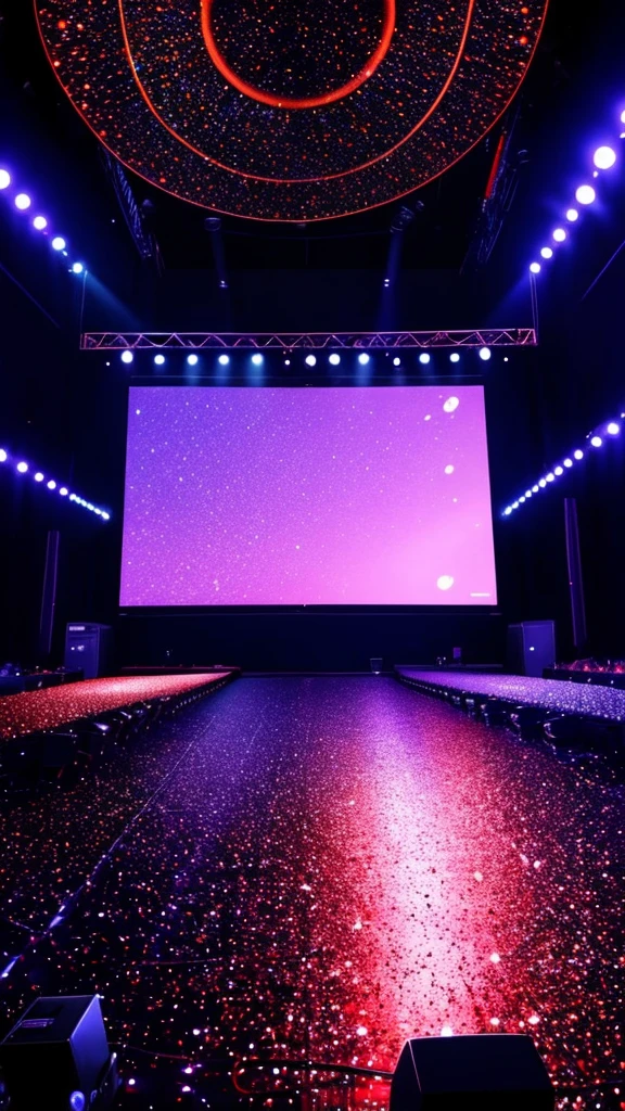 Big karaoke place with a small stage and a microphobe for singing, big screen behind the stage, a lot of space, ambient dark lights and some stroboscopes, crowded space, karaoke club in the night