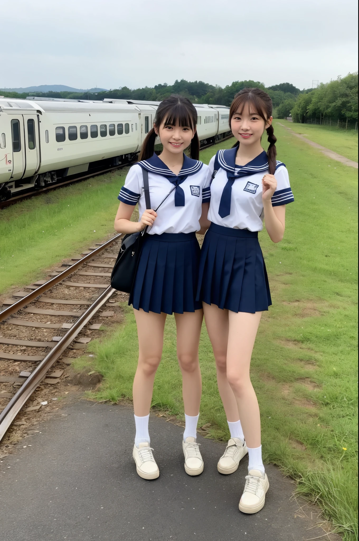 {2 | 3 | 4} girls in rural school field,Japanese railway train on far side,cumulonimbus cloud in summer sky,short-sleeved white shirt with sailor collar,navy blue pleated skirt,school bag,18-year-old,bangs,a little smile,thighs,knees,short hair with low pigtails bunches,from beside,front light