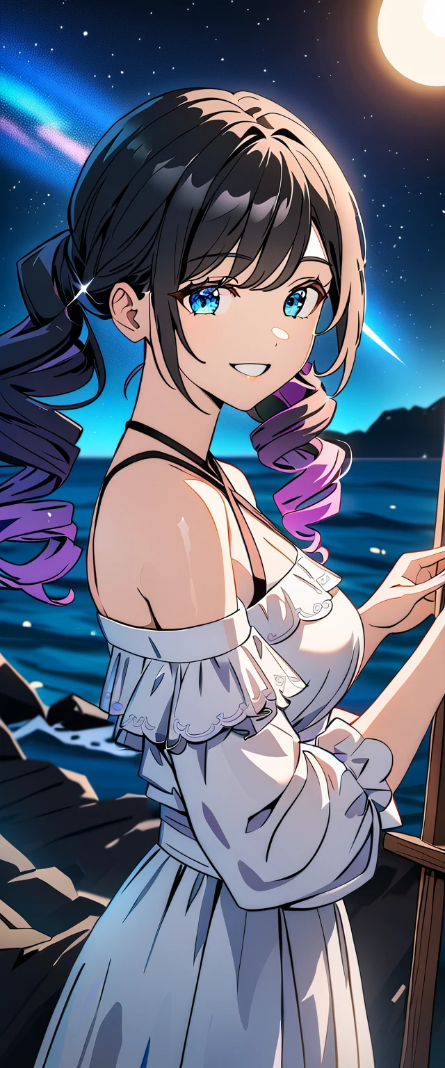 ((grin)), Eyeshadow, False eyelashes, ((off-shoulder dress:1.3, criss-cross halter)), ((white sundress)), ((cleavage)), ((high twin tails, medium hair, spiral curl hair, gradient hair, blue and black hair, hair extensions, streak)), ((sunglasses, hand to sunglasses)), (((from side))), ((((upper body)))), bare legs, (()), (((a beautiful starry sky, the Milky Way shining beautifully in the night))), ((on the very high cliff)), wavy hair, inward curled hair, ((sea, nature)), breasts, teenager, (looking at viewer), puffy long sleeves, collarbone, head tilt:1.3, (((blue eyes))), happy smile, (((anime style))), (best quality, 4K, 8K, highres, masterpiece:1.2, ultra-detailed, ultra-detailed eyes, HDR, uhd, studio lighting, ultra-fine painting, sharp focus, physically-based rendering, extreme detail description, professional, vivid colors, bokeh)