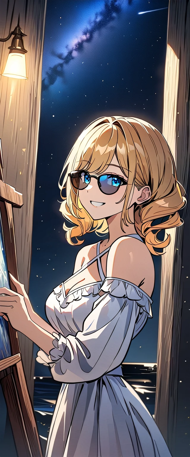 ((grin)), Eyeshadow, False eyelashes, ((off-shoulder dress:1.3, criss-cross halter)), ((white ????????)), ((cleavage)), ((twin tails hair, spiral curl hair, gradient hair, blond and blue, hair extensions, streak)), ((sunglasses, hand to sunglasses)), (((from side))), ((((upper body)))), bare legs, (()), (((a beautiful starry sky, the Milky Way shining beautifully in the night))), ((on the very high cliff)), wavy hair, inward curled hair, ((sea, nature)), breasts, teenager, (looking at viewer), puffy long sleeves, collarbone, head tilt:1.3, (((blue eyes))), happy smile, (((anime style))), (best quality, 4K, 8K, highres, masterpiece:1.2, ultra-detailed, ultra-detailed eyes, HDR, uhd, studio lighting, ultra-fine painting, sharp focus, physically-based rendering, extreme detail description, professional, vivid colors, bokeh)