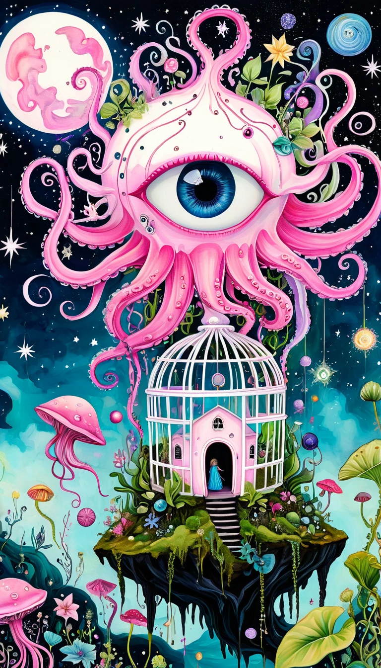 birdcage,plant,Tentacles,Eye、Starry Sky,Stitching together an abstract painting,Describing the inner world of autistic people,Sense of space,White Space,interesting,Innocence,Psychedelic Art,Pink theme