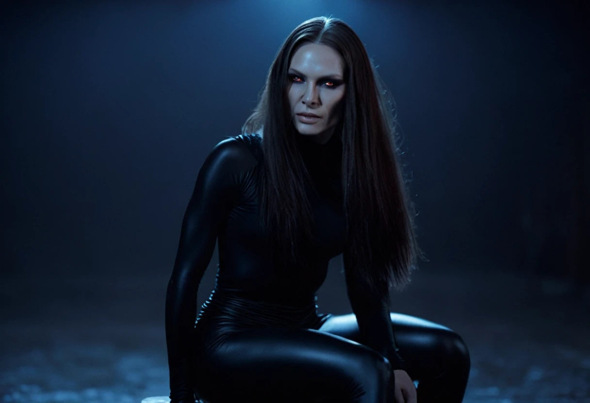 Fashionable of androgynous alien looking witch, glowing eyes, beautiful evil slavic muscular woman, pale skin, long hair, futuristic design, minimal details, givenchy, photoreal, 200mm, hd, f/ 2.0, highly detailed, surreal, sitting, light smile, simple black stylish clothes, a slight smiledrop dead, in the style of red and blue, (intricate details, hyperdetailed:1.15) (skin texture:1.2), cinematic, professional, 4k, (((dynamic model pose))), sitting, full body, mesmerizing, dynamic, dramatic, dynamic pose, highly detailed skin with hair, subcutaneous veins, light and shadow play, highly detailed,24mm photograph, bokeh, professional, 4k,