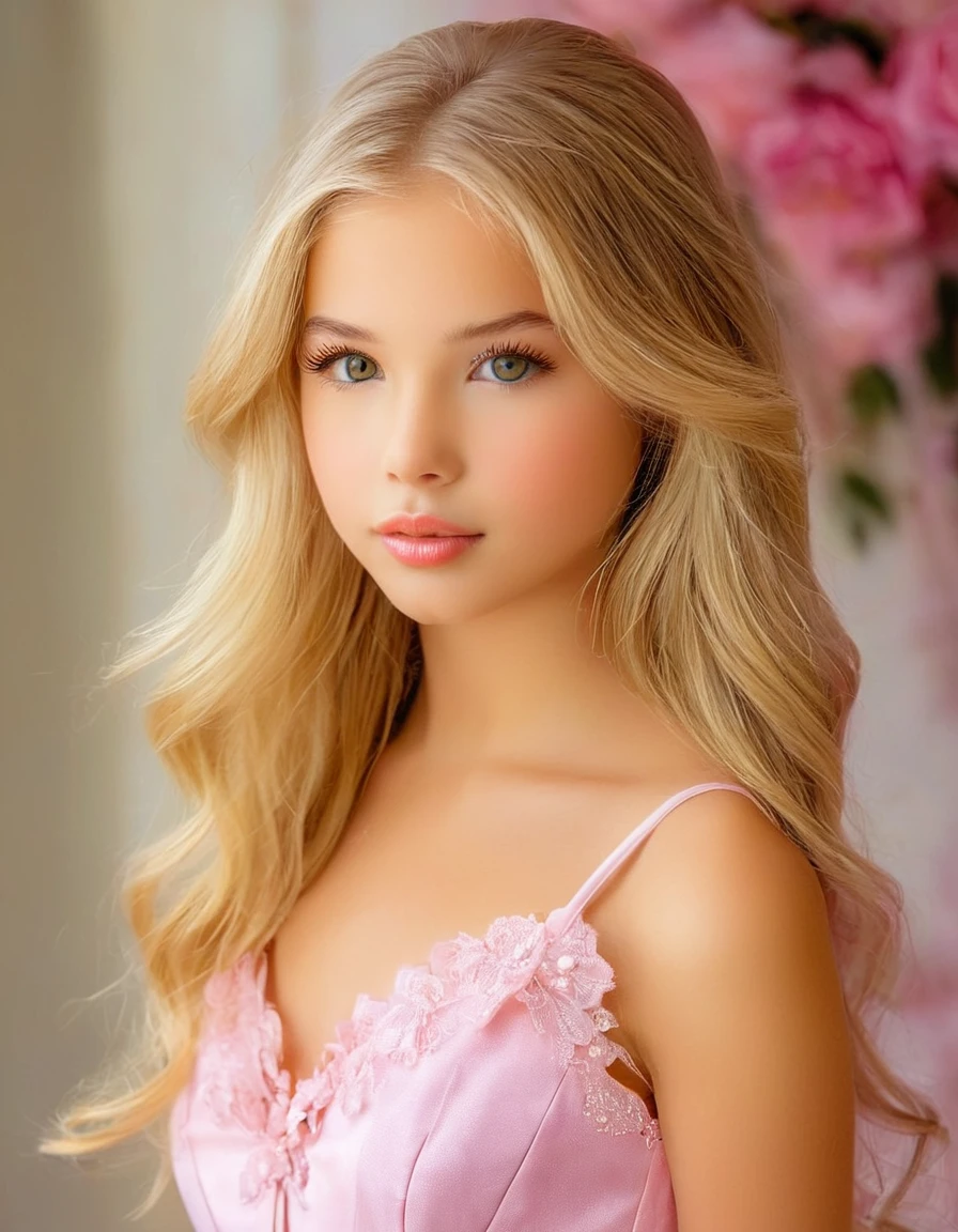 1 young American girl 12 years old, Beautifull, Alone, your voice is clear, long blonde hair, long and blond hair,with a subtle rosy glow on her cheeks, and carries himself with an air of elegance and poise. His eyebrows are arched and well groomed.., and her eyelashes are long and dark, highlighting her captivating brown eyes. Despite his elegant demeanor, there is an underlying force in his gaze.